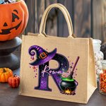 Personalized Magic Pot and Witch Hat Initial Large Jute Tote Bag with Name Trick or Treat Halloween Party Gift for Women Kids