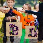Personalized Magic Pot and Witch Hat Initial Large Jute Tote Bag with Name Trick or Treat Halloween Party Gift for Women Kids