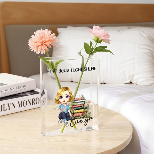 Henkilökohtainen Floral Book Cartoon Reading Character Clear Acrylic Book Vase nimi otsikko Syntymäpäivä Valmistuminen lahja kirjan rakastajaan