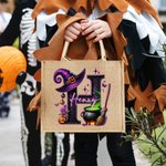 Personalized Magic Pot and Witch Hat Initial Large Jute Tote Bag with Name Trick or Treat Halloween Party Gift for Women Kids