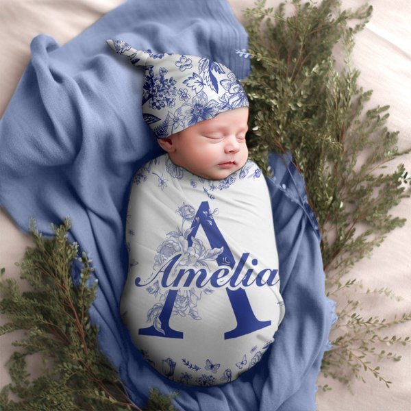 Personalized Toile De Jouy Style Initial Swaddle Blanket and Knot Hat Set with Name Baby Shower Birthday Gift for Newborns Babies