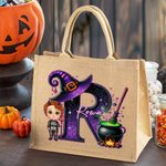 Personalized Halloween Witch Hat Initial Cartoon Character Large Jute Tote Bag with Name Travel Halloween Travel Birthday Gift for Women Kids