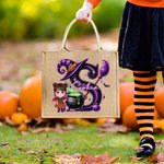 Personalized Halloween Witch Hat Initial Cartoon Character Large Jute Tote Bag with Name Travel Halloween Travel Birthday Gift for Women Kids