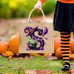 Personalized Magic Pot and Witch Hat Initial Large Jute Tote Bag with Name Trick or Treat Halloween Party Gift for Women Kids