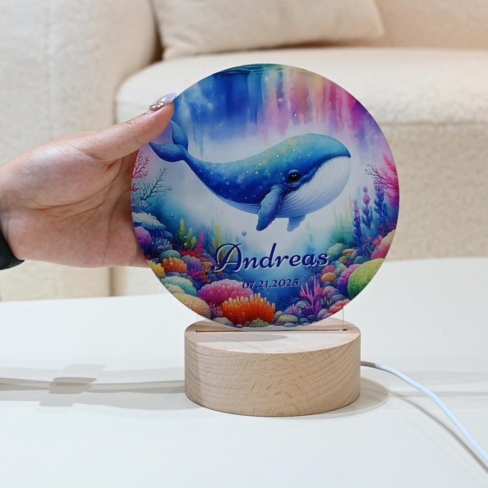 Personalized Fantasy Jellyfish Whale Sea Animals LED Night Light with Wooden Base and Name Home Decor Birthday Gift for Kids 3