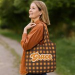 Personnalisé Sac en toile vintage rayé à carreaux Grand sac en toile réutilisable avec nom Voyage Utilisation quotidienne Cadeau d'anniversaire pour femmes