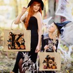 Personalised Cartoon Witch Vampire Character Large Jute Tote Bag with Initial and Name Halloween Party Gift for Women Boys Girls