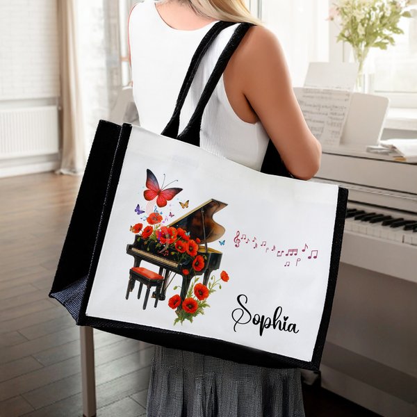 Personalizzato Fiore di nascita Pianoforte Tela Grande Borsa Tote con Nome Viaggio Quotidiano Essenziale Regalo di Compleanno per Donne Amanti della Musica