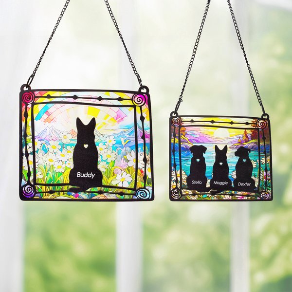 Personalisierte Glasmalerei Effekt Hund Silhouette Fenster hängenden Sonnenfänger Acryl Ornament mit Namen Sympathie Memorial Geschenk für Hundeliebhaber Besitzer