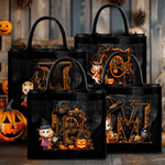 Personalisierte Cartoon Hexe Charakter Kürbis schwarz Leinen Tote Tasche mit Namen und Initialen Halloween Party Geschenk für Jungen Mädchen