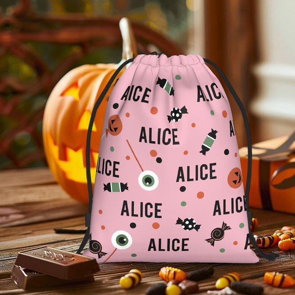 Personalised Sweets Eyeball Pumpkin Lollipop Reusable Drawstring Bag with Name Large Capacity Treat Gift Bag Halloween Holiday Gift for Kids