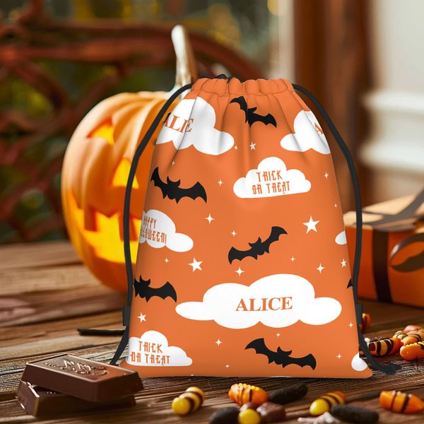Personalised Crazy Bat Cloud Star Reusable Drawstring Bag with Name Large Capacity Treat Gift Bag Halloween Holiday Gift for Kids