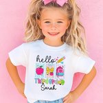 Personlig Hello Apple Pencil Bow Myk T-skjorte i 100 % bomull for barn og voksne med navn og karakter Tilbake til skolen Første skoledag Gave til barnelærere