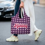 Personnalisé Sac en toile vintage rayé à carreaux Grand sac en toile réutilisable avec nom Voyage Utilisation quotidienne Cadeau d'anniversaire pour femmes