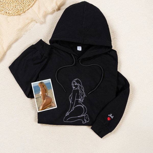 Personlig Brodert Chic Photo Portrait Outline T-skjorte Sweatshirt Hoodie med tekst Jubileum Bachelorette Party Bursdagsgave til menn Lovers