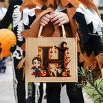 Personalised Cartoon Witch Vampire Character Large Jute Tote Bag with Initial and Name Halloween Party Gift for Women Boys Girls