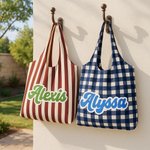 Personnalisé Sac en toile vintage rayé à carreaux Grand sac en toile réutilisable avec nom Voyage Utilisation quotidienne Cadeau d'anniversaire pour femmes