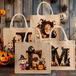 Personalised Cartoon Witch Vampire Character Large Jute Tote Bag with Initial and Name Halloween Party Gift for Women Boys Girls