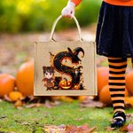 Personalised Cartoon Witch Vampire Character Large Jute Tote Bag with Initial and Name Halloween Party Gift for Women Boys Girls