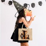 Personalised Cartoon Witch Vampire Character Large Jute Tote Bag with Initial and Name Halloween Party Gift for Women Boys Girls