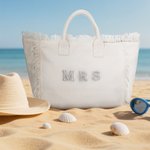Personalizada Perla Rhinestone Carta Beige Lienzo Borla Bolsa Tote Boda Ducha Nupcial Luna de miel Regalo para la novia
