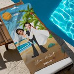 Personalized Summer Beach Cartoon Couple Quick Dry Oversized Beach Towel with Face Photo and Name Wedding Travel Honey Moon Gift for Newlywed Couple