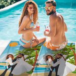 Personalized Summer Beach Cartoon Couple Quick Dry Oversized Beach Towel with Face Photo and Name Wedding Travel Honey Moon Gift for Newlywed Couple