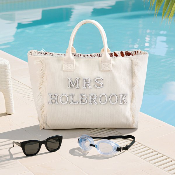 Personalizada Perla Rhinestone Carta Beige Lienzo Borla Bolsa Tote Boda Ducha Nupcial Luna de miel Regalo para la novia