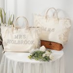 Personalizada Perla Rhinestone Carta Beige Lienzo Borla Bolsa Tote Boda Ducha Nupcial Luna de miel Regalo para la novia