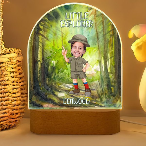 Personalized Little Explorer Face Photo LED Night Light with Name and Wooden Base Bedroom Decor Birthday Gift for Boys Girls