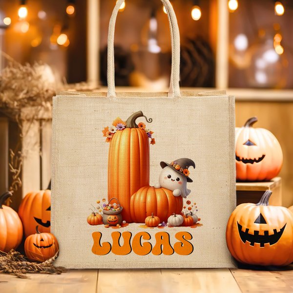 Personalised Halloween Ghost Pumpkin Initial Jute Bag with Name Halloween Party Travel Accessories Birthday Gift for Boys Girls