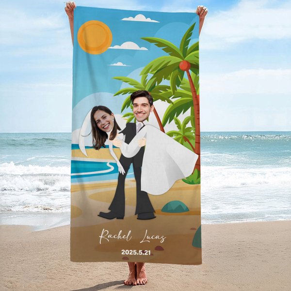 Asciugamano da spiaggia personalizzato con foto del viso e nome Matrimonio, viaggio, luna di miele, regalo per una coppia di sposi.