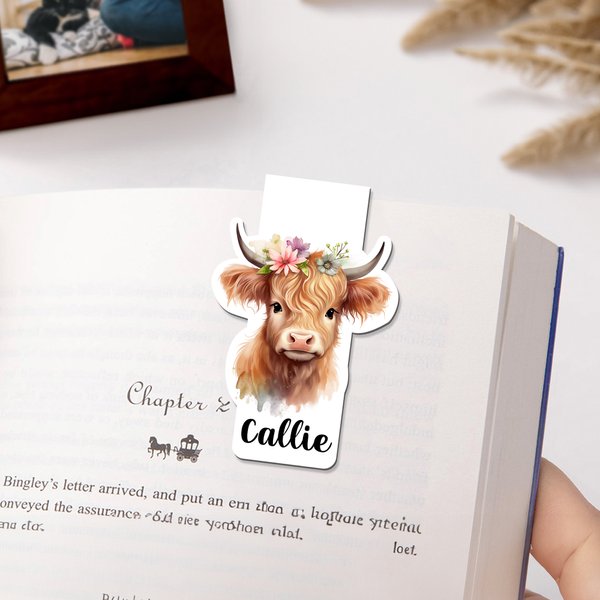 Personalised Cute Highland Cow Magnetic Bookmark Clip with Name Reading Supplies Birthday Gift for Cow Lovers Bookworm