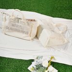 Personalizada Perla Rhinestone Carta Beige Lienzo Borla Bolsa Tote Boda Ducha Nupcial Luna de miel Regalo para la novia