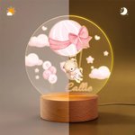 Veilleuse LED Personnalisée avec Motif Ourson Montgolfière et Nuage et Nom Socle en Bois Décoration de Chambre Cadeau Anniversaire pour Bébé Enfant
