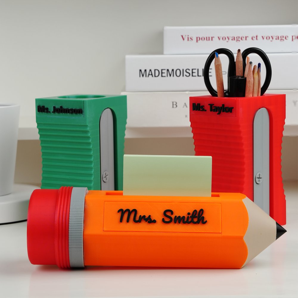 Personalized Sharpener-Shaped Pencil Holder and Pencil-Shaped Sticky Note Box Set with Text Desk Decor Birthday Gift for Teachers Students 3