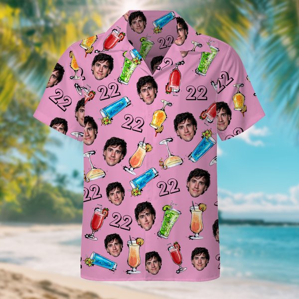 Personalised Drink Theme Face Photo Breathable Men's Hawaiian Shirt with Age Summer Holiday Birthday Holiday Gift for Men