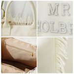 Personalizada Perla Rhinestone Carta Beige Lienzo Borla Bolsa Tote Boda Ducha Nupcial Luna de miel Regalo para la novia