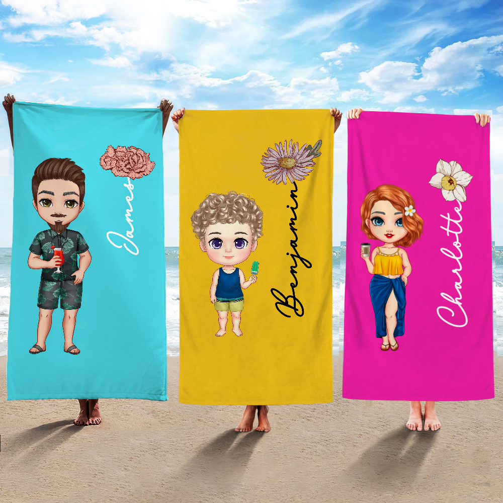Personalisiertes niedliches Cartoon-Charakter Strandtuch mit Geburtsblume Namen schnelltrocknendes Badetuch Sommer Urlaub Strand Party Geschenk