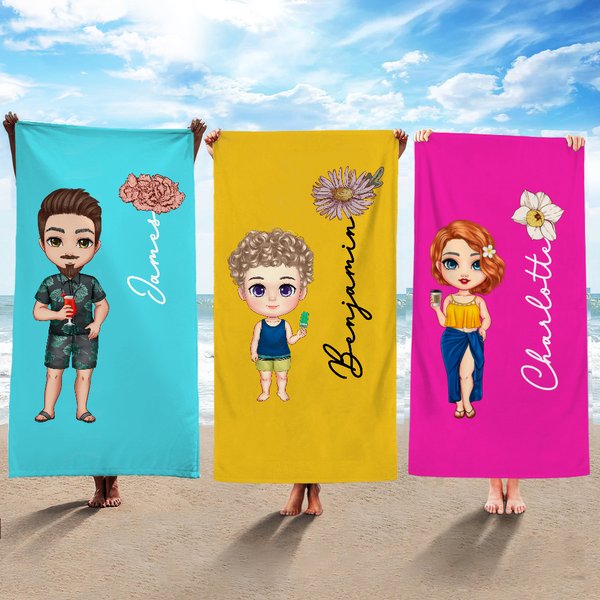 Personalisiertes niedliches Cartoon-Charakter Strandtuch mit Geburtsblume Namen schnelltrocknendes Badetuch Sommer Urlaub Strand Party Geschenk