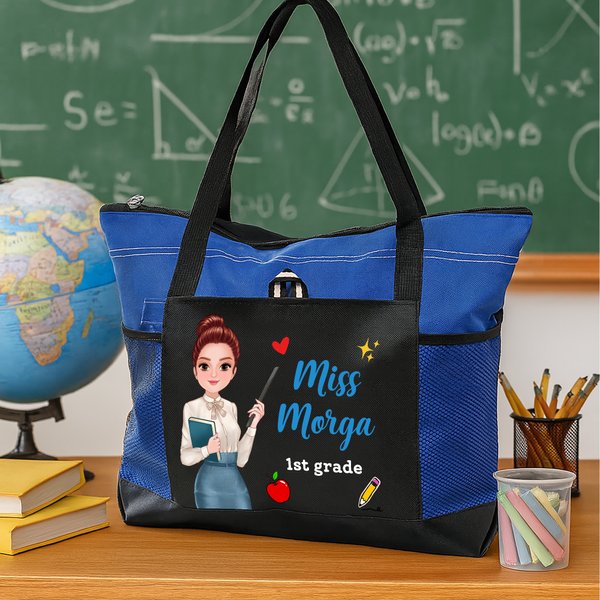 Personalizowana torba z kreskówkowym wzorem z kieszenią z siatki i własnym imieniem prezent na Dzień Nauczyciela oraz powrót do szkoły dla nauczyciela