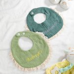 Personalized 100% Cotton Lace Trim Embroidered Name Baby Bib with 2 Bow Headbands Birthday Baby Shower Gift for Newborn