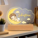 Personalisert LED-nattlys i skyform med tegneseriefigur og trebunn og navn Barnehagedekorasjon Bursdagsgave til babyer