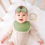 Personalized 100% Cotton Lace Trim Embroidered Name Baby Bib with 2 Bow Headbands Birthday Baby Shower Gift for Newborn