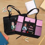 Bolsa de tela Oxford grande personalizada con dibujos animados y bolsillo de malla y texto Regalo de agradecimiento para el profesor en el Día de la Vuelta al Cole