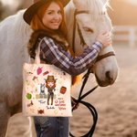 Personalised Cute Cartoon Horse and Cowboy Girl Canvas Bag with Name Horse Racing Birthday Gift for Women Horse Lovers