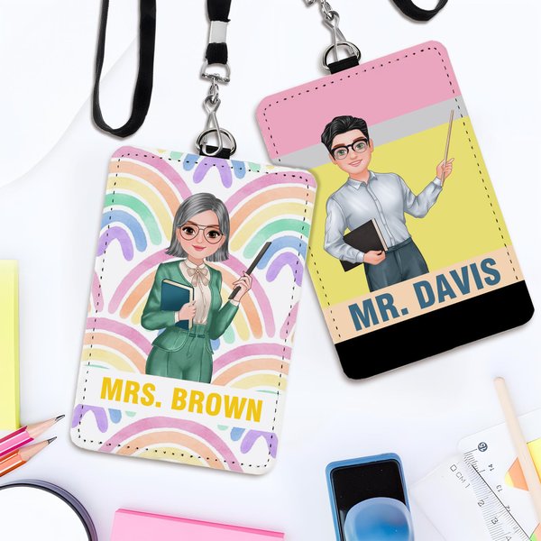 Personalised Cartoon Character Rainbow Pencil Bow Graffiti ID Badge Holder with Name Teacher's Day Back to School Birthday Gift for Teachers