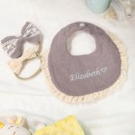 Personalized 100% Cotton Lace Trim Embroidered Name Baby Bib with 2 Bow Headbands Birthday Baby Shower Gift for Newborn
