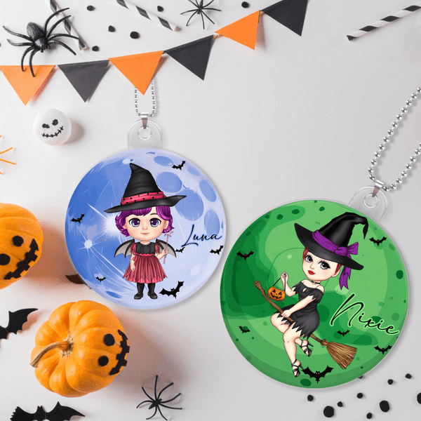 Spersonalizowany kapelusz czarownicy Kreskówkowy księżyc Akrylowy wisiorek z imieniem Halloween Prezent urodzinowy dla kobiet i dziewcząt