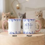 Toile De Jouy 1-7 Line Art Cats Design 11 oz 15 oz Mug en céramique avec nom et dessous de verre Cadeau d'anniversaire pour l'amoureux des chats